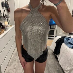 Silver Chain Metallic Halter Top